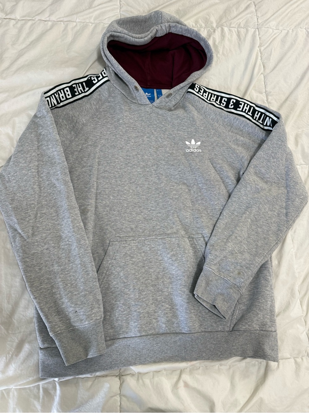 adidas Gray Hoodie with Maroon Hood Lining and Shoulder Tape